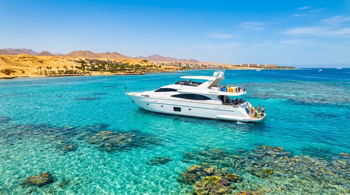Hurghada Red Sea Luxury Yacht Gliding Over Turquoise Waters and Coral Reefs